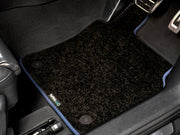 BMW 2 Series G42 Coupe  2022+ Car Mats // Black Elite, Dark Blue White Stitch Trim, No Heelpad