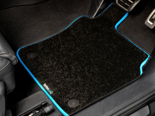 Renault 5 E-Tech 2024+ Car Mats // Black Elite, Light Blue White Stitch Trim, No Heelpad