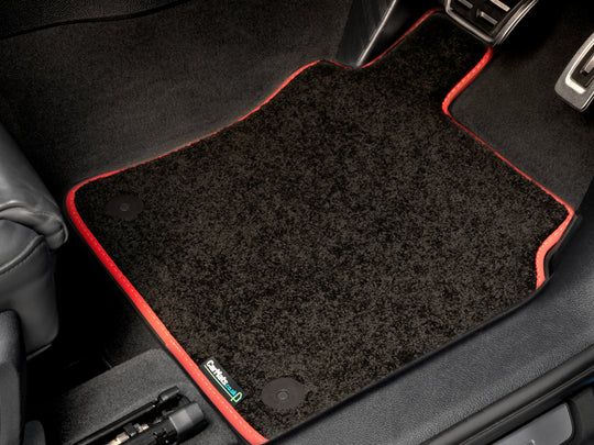 MINI 2006-2014 (R56) Car Mats // Black Elite, Red White Stitch Trim, No Heelpad
