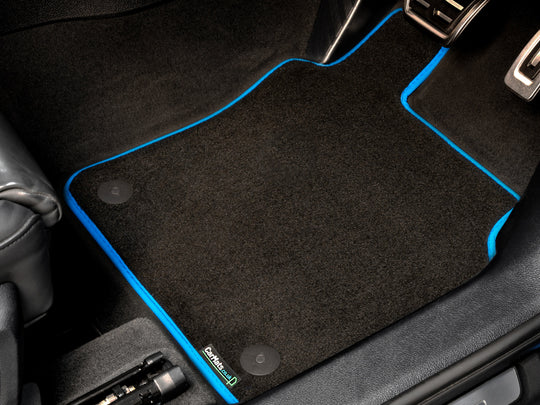 Ford Transit Custom Limited Manual Van 2019-2023 Van Mats (drivers side holes offset) // Black Executive, Light Blue Trim