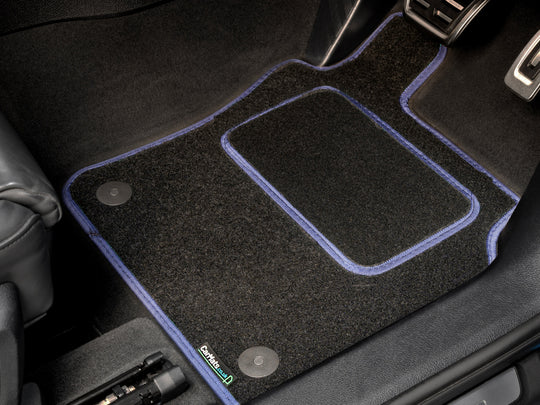 Mitsubishi Outlander PHEV Mk3 2014+ Car Mats // Black Grand, Blue Trim, PVC Heelpad
