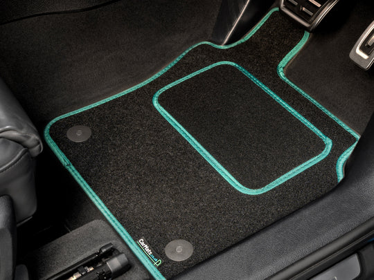 Peugeot 208 2020+ Car Mats // Black Grand, Green Trim, PVC Heelpad