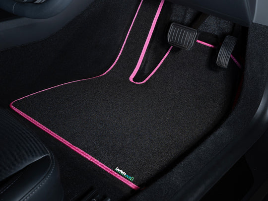 MINI Countryman (F60) 2017-2024 Car Mats // Black Grand, Pink Trim, Carpet Heelpad