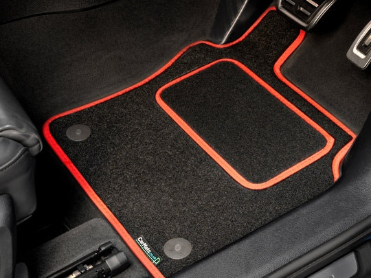 Audi A3 & S3 Hatchback & Cabriolet 3dr Manual 2003-2012 (4 Clips) Car Mats // Black Grand, Red Trim, PVC Heelpad