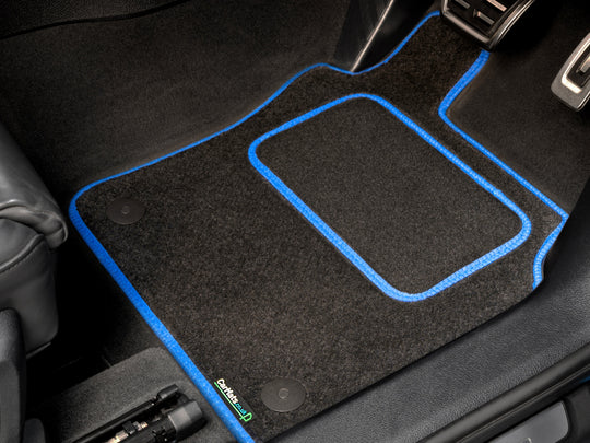 Volkswagen Tiguan 2016-2024 Car Mats // Black Motor, Blue Trim, Carpet Heelpad