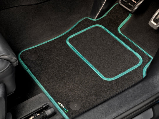 MINI Clubman 2007-2015 (R55) Car Mats // Black Motor, Green Trim, Carpet Heelpad