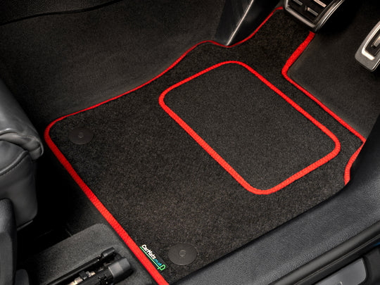 Ford Fiesta Mk8 2017-2023 Car Mats // Black Motor, Red Trim, Carpet Heelpad