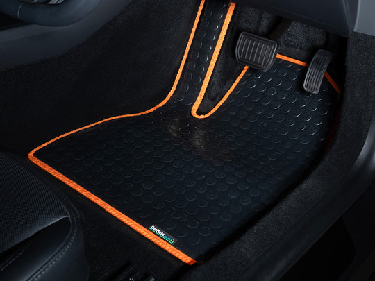 Peugeot 208 2012-2020 Car Mats // Black Off Road Rubber, Orange Trim, No Heelpad