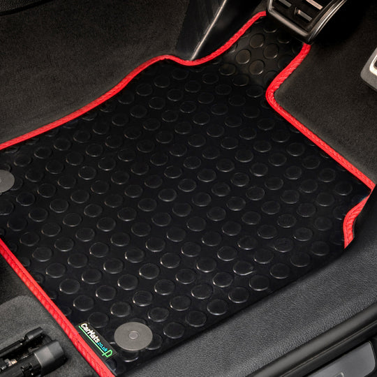 Mazda 2 Hybrid 2022+ Car Mats // Black Off Road Rubber, Red Trim, No Heelpad