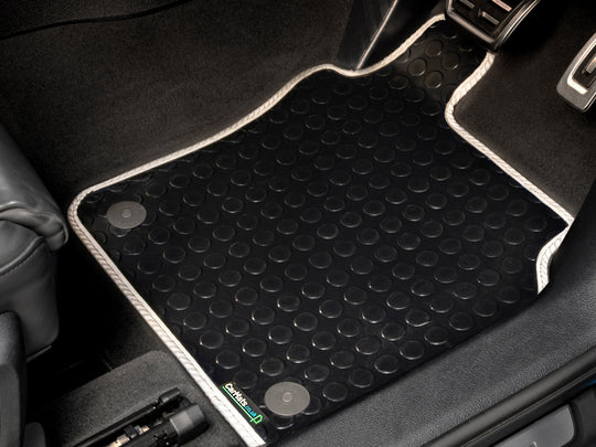 Suzuki Swift  (285mm clip spacing) 2020-2024 Car Mats // Black Off Road Rubber, White Trim, No Heelpad