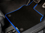 Ford Transit Custom Van 2019-2023 Van Mats (1 piece front, drivers side holes parallel) // Black Super, Blue Trim
