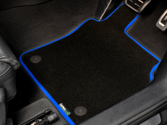 MINI Countryman (F60) 2017-2024 Car Mats // Black Super, Blue Trim, PVC Heelpad